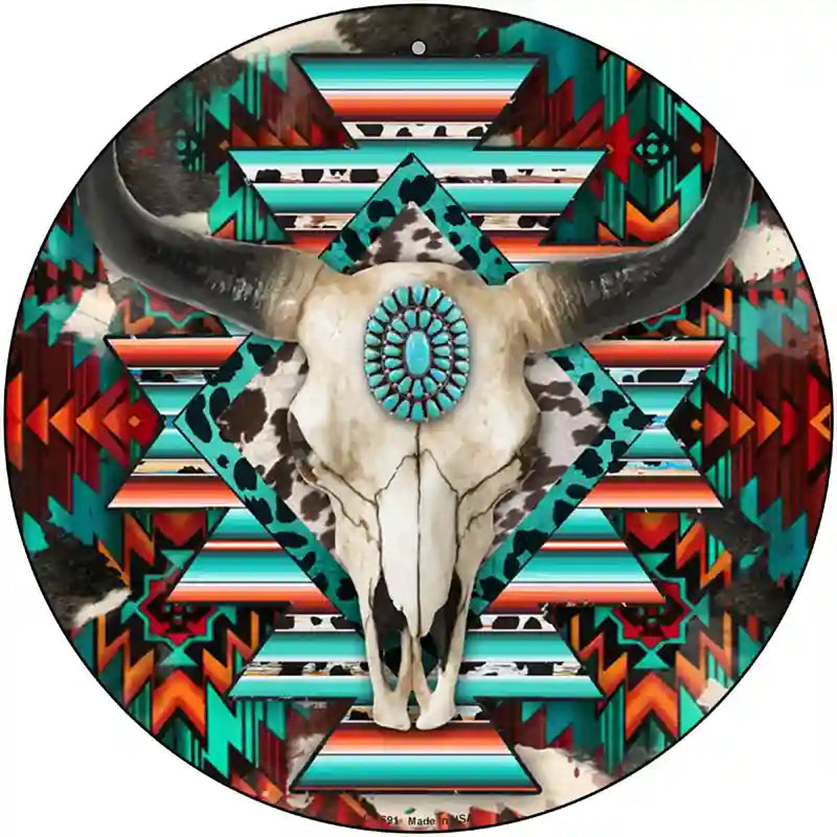 Cow Skull Aztec Vibrant Print Novelty Metal Circle Sign