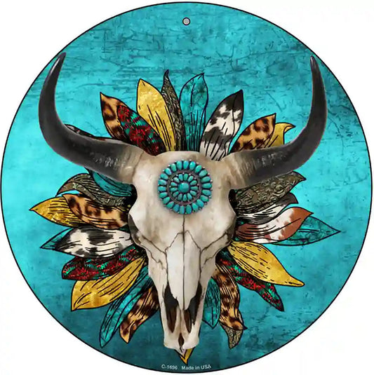 Cow Skull Sunflower Turquoise Novelty Metal Circle Sign