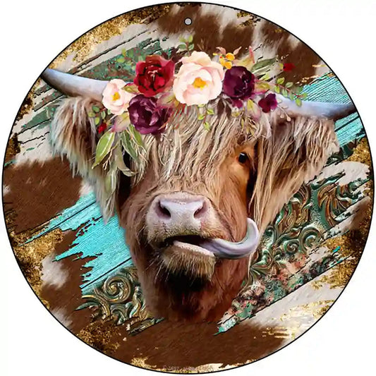 Highland Cattle On Mixed Print Novelty Metal Circle Sign
