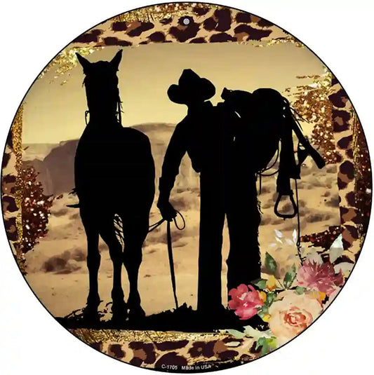 Cowboy With Horse Silhouette Novelty Metal Circle Sign