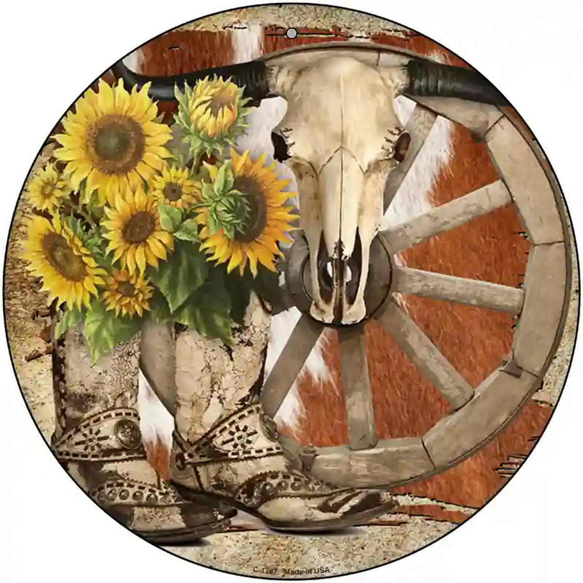 Boots Cow Skull Barn Novelty Metal Circle Sign