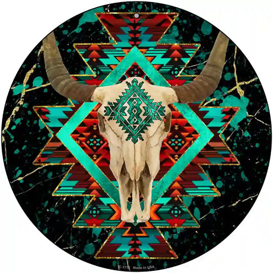 Cow Skull Dark Aztec Novelty Metal Circle Sign
