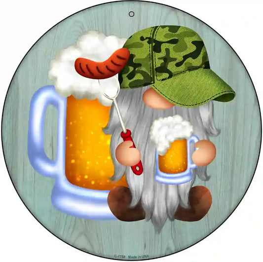 Beer Camo Grilling Gnome Novelty Metal Circle Sign