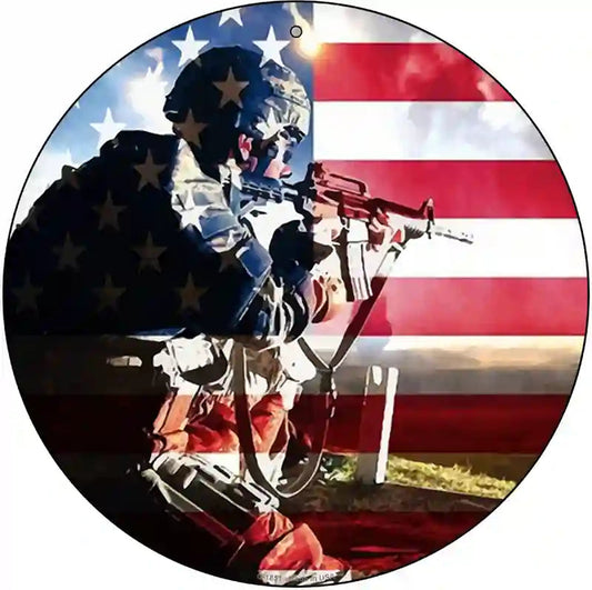 Soldier American Flag Novelty Metal Circle Sign
