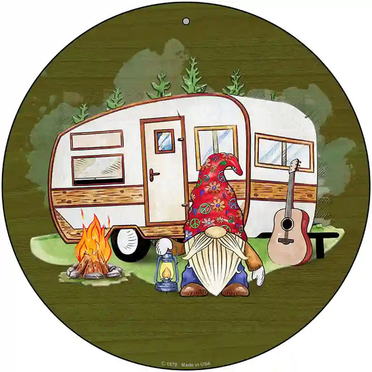 Camping Gnome Novelty Metal Circle Sign