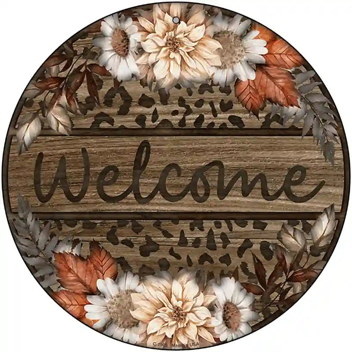 Welcome Flowers Animal Print Novelty Metal Circle Sign