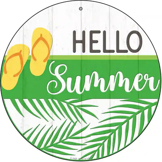 Hello Summer Flip Flops Novelty Metal Circle Sign