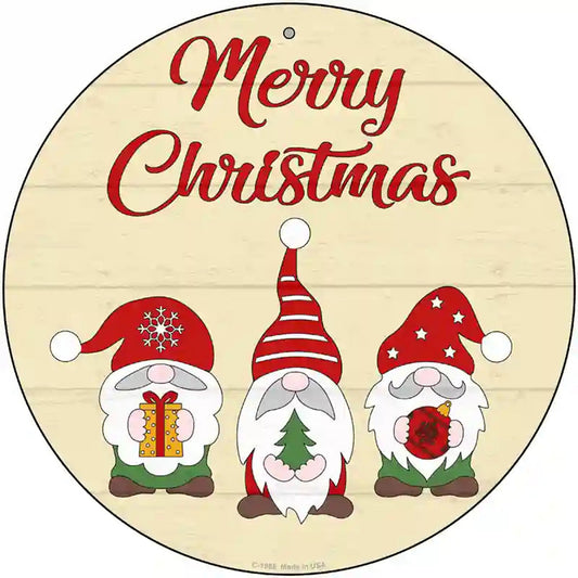 Merry Christmas Gnomes Tan Novelty Metal Circle Sign