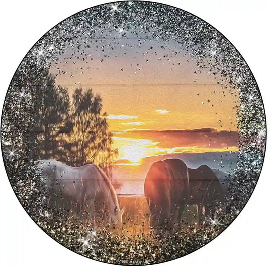 Horses Eating in Sunset Novelty Metal Circle Sign