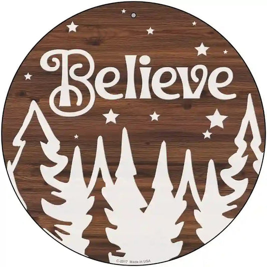 Believe Winter Silhouette Novelty Metal Circle Sign
