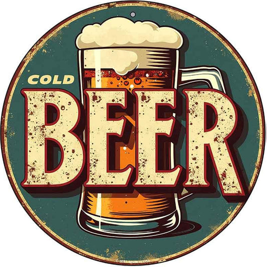 Cold Beer Novelty Metal Circular Sign