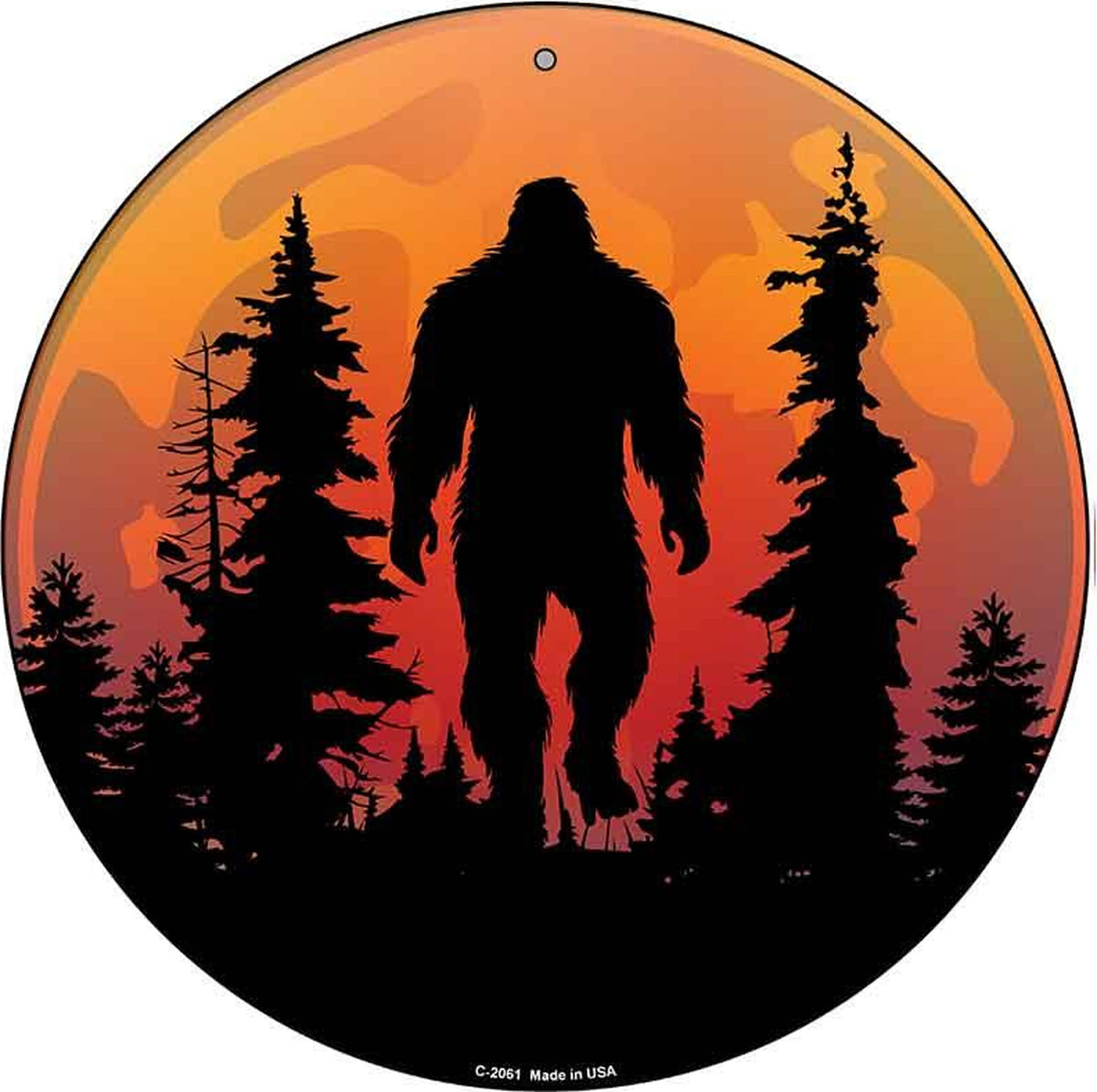 Bigfoot Silhouette on Moon Novelty Metal Circular Sign