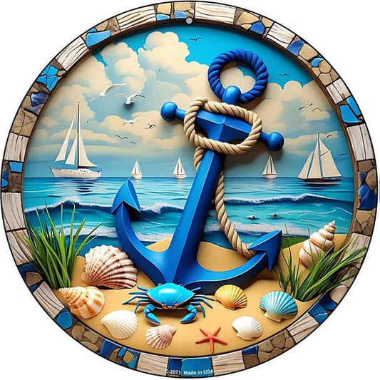 Blue Anchor and Crab Novelty Metal Circular Sign