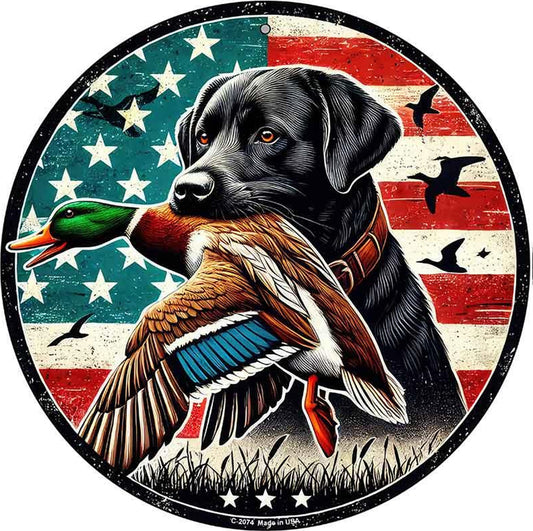 Black Lab with Duck Novelty Metal Circular Sign