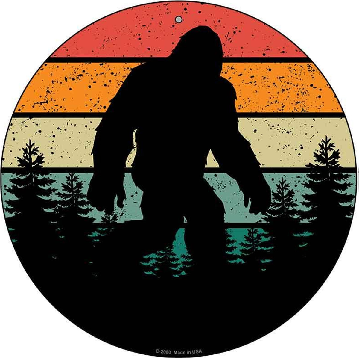 Bigfoot Silhouette Sunset Novelty Metal Circular Sign