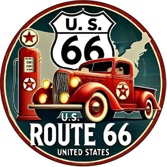 Red Truck on Route 66 Novelty Metal Circular Sign
