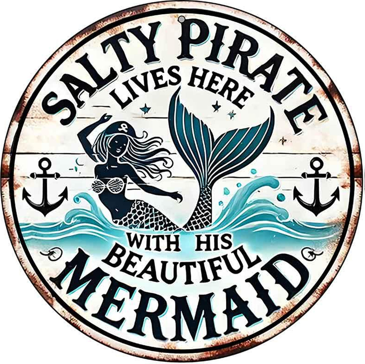 Salty Pirate & Mermaid Novelty Metal Circular Sign