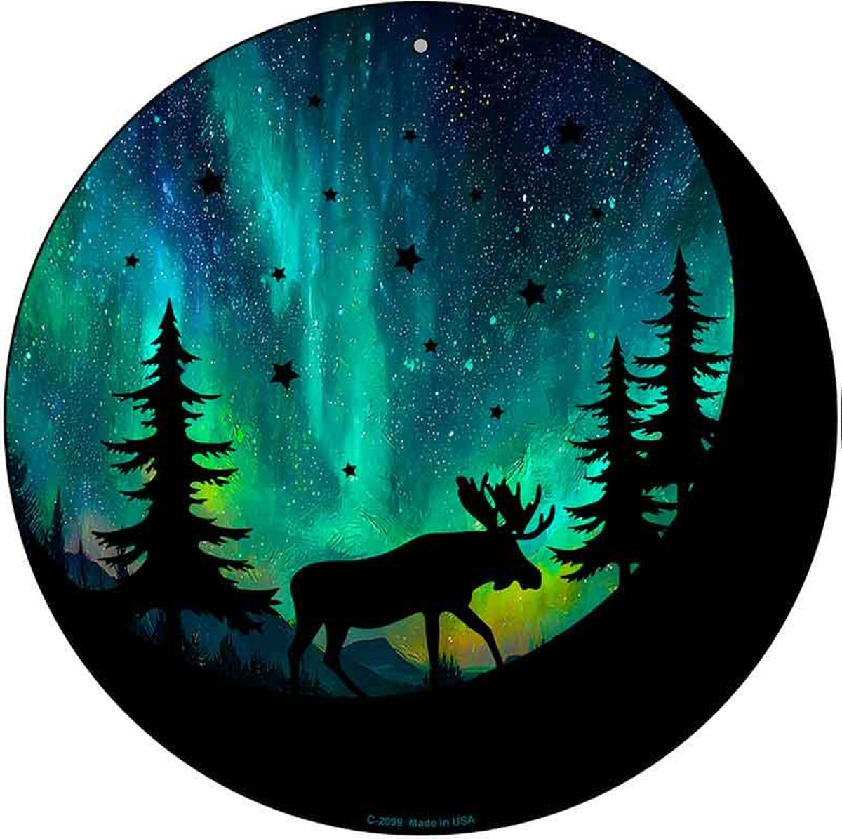 Moose Under the Northern Lights Novelty Metal Circular Sign