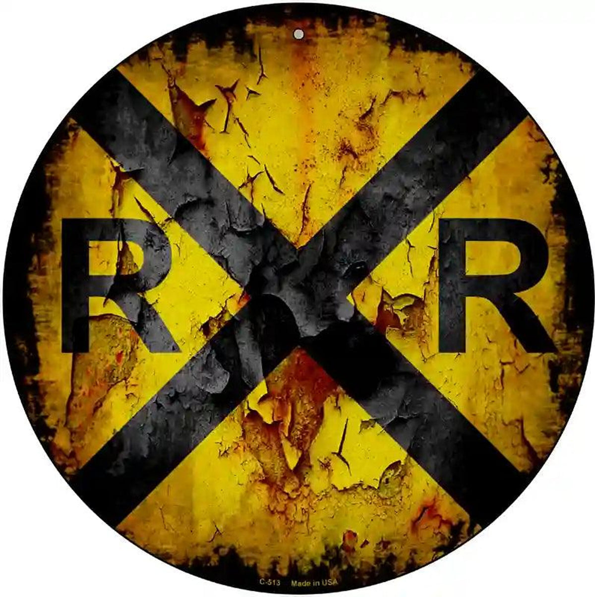 Vintage Railroad Crossing Novelty Metal Circular Sign
