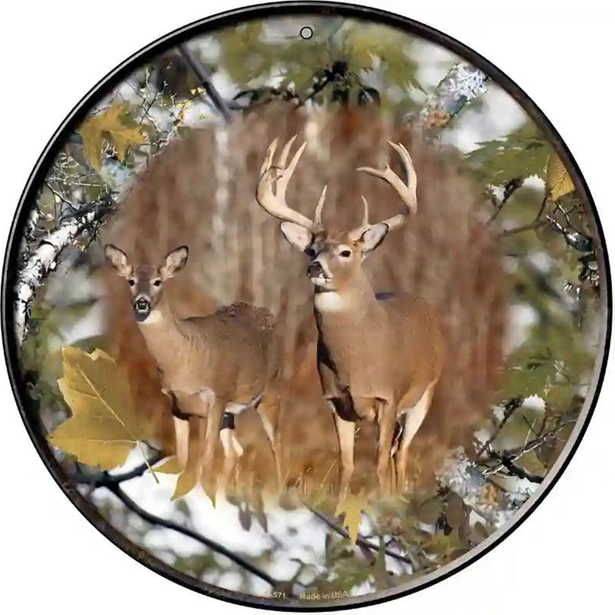 Deer On Camo Novelty Metal Circular Sign
