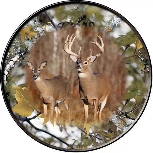 Deer On Camo Novelty Metal Circular Sign