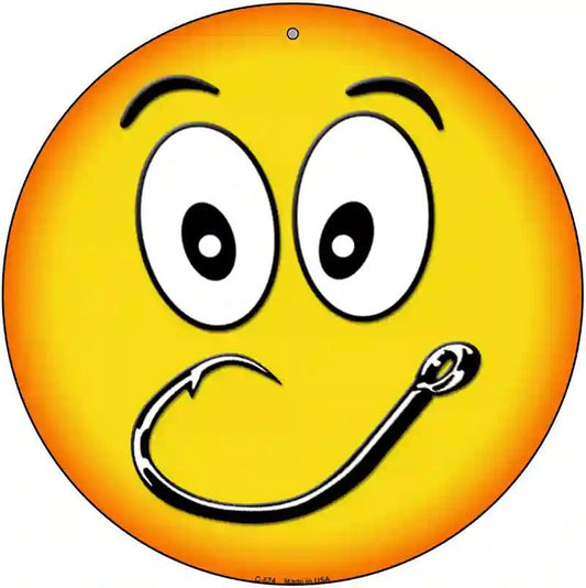 Smiling Face Fishing Hook Novelty Metal Circular Sign