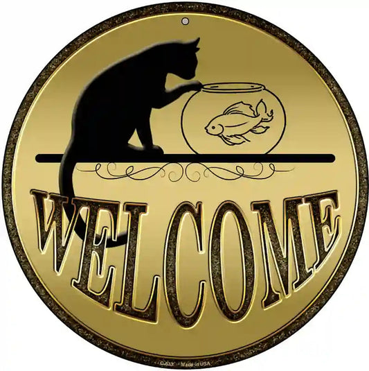 Welcome With Cat Novelty Metal Circular Sign