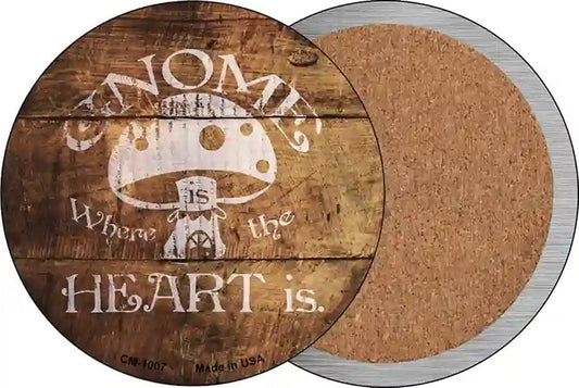 Gnome Where Home Is Wood Novelty Circle Coaster Set of 4