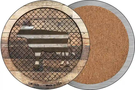 Corrugated Cow on Wood Novelty Circle Coaster Set of 4