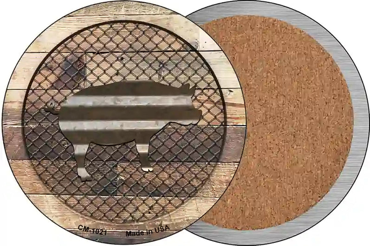 Corrugated Pig on Wood Novelty Circle Coaster Set of 4