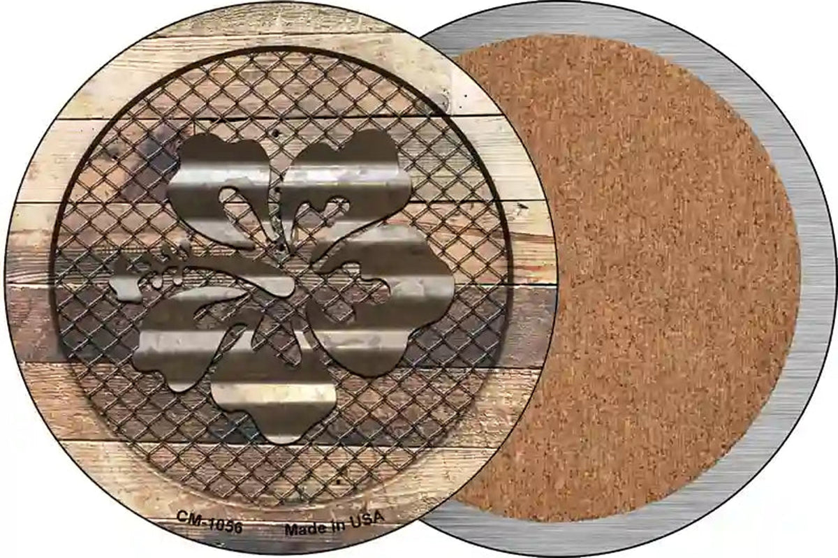 Corrugated Hawaiian Flowers on Wood Novelty Circle Coaster Set of 4
