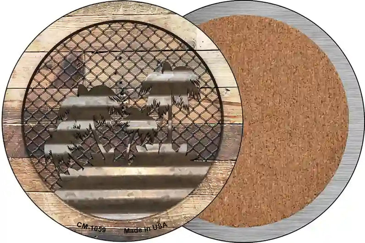 Corrugated Palm Trees on Wood Novelty Circle Coaster Set of 4