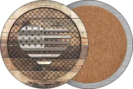 Corrugated American Flag Heart on Wood Novelty Circle Coaster Set of 4