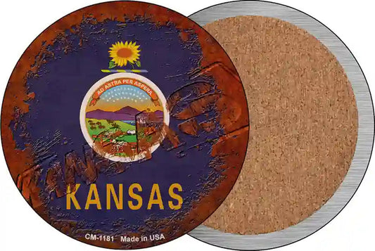 Kansas Rusty Stamped Novelty Circle Coaster Set of 4