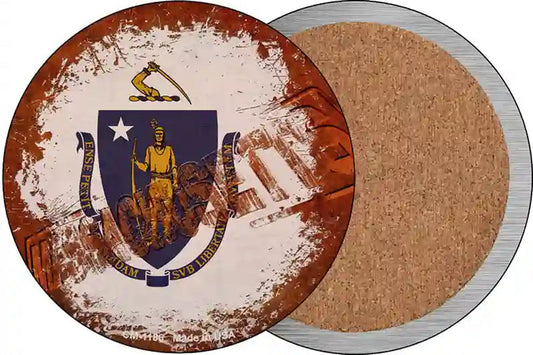 Massachusetts Rusty Stamped Novelty Circle Coaster Set of 4
