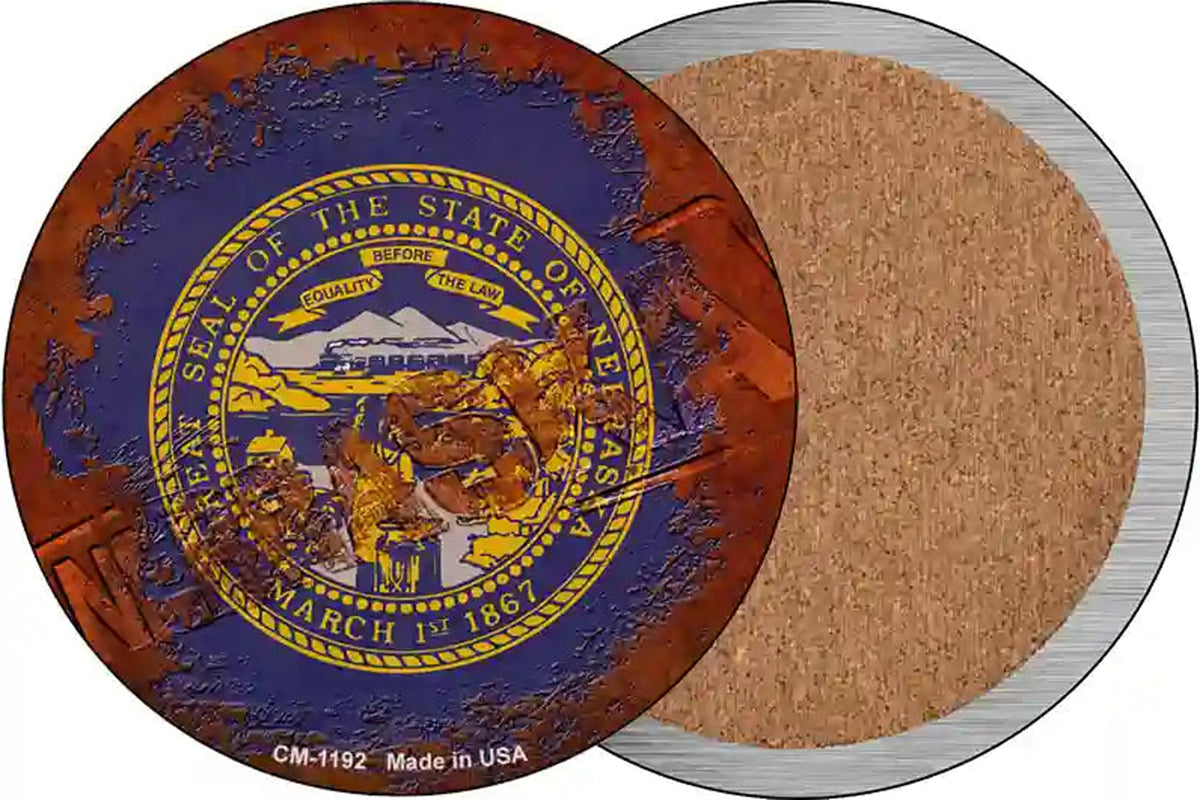 Nebraska Rusty Stamped Novelty Circle Coaster Set of 4