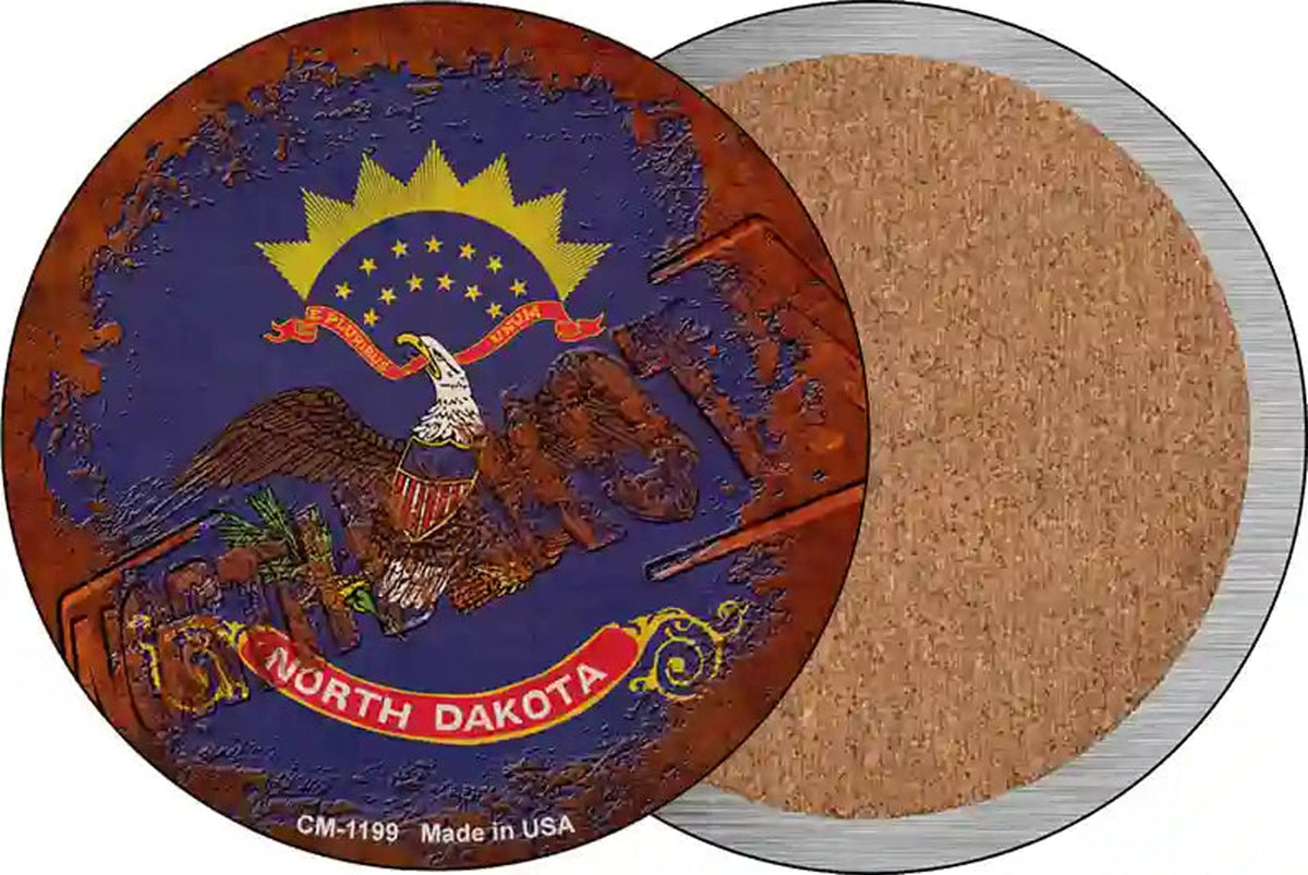 North Dakota Rusty Stamped Novelty Circle Coaster Set of 4