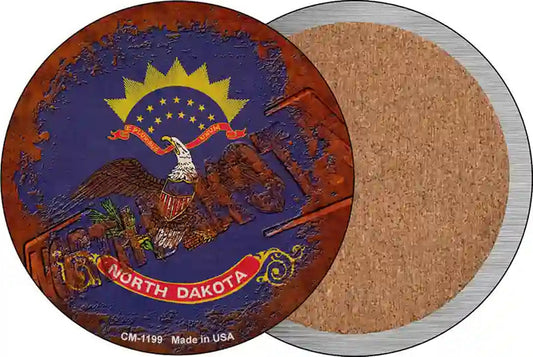 North Dakota Rusty Stamped Novelty Circle Coaster Set of 4