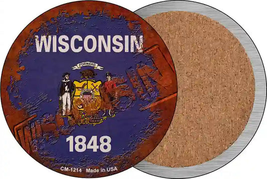 Wisconsin Rusty Stamped Novelty Circle Coaster Set of 4