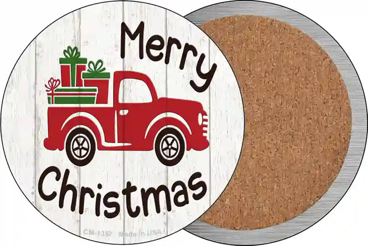 Merry Christmas Present Truck Novelty Circle Coaster Set of 4