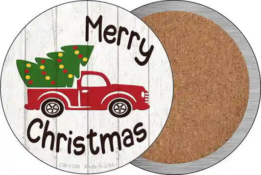 Merry Christmas Tree Truck Novelty Circle Coaster Set of 4