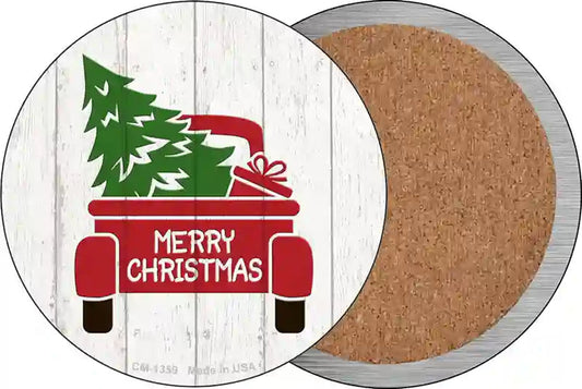 Christmas Tree In Truck Bed Novelty Circle Coaster Set of 4