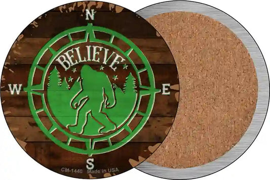 Sasquatch Compass Believe Novelty Circle Coaster Set of 4