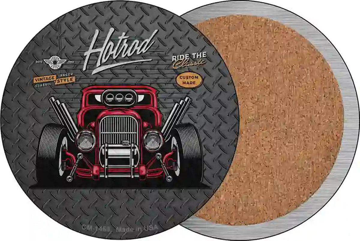 Ride the Classic Red Hotrod Novelty Circle Coaster Set of 4