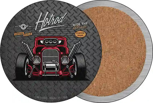 Ride the Classic Red Hotrod Novelty Circle Coaster Set of 4