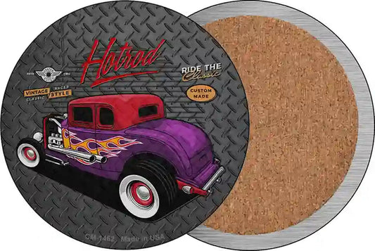 Purple Flame Hotrod Novelty Circle Coaster Set of 4