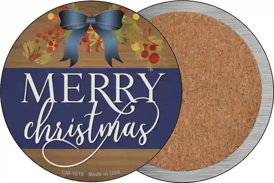 Merry Christmas Blue Bow Novelty Circle Coaster Set of 4