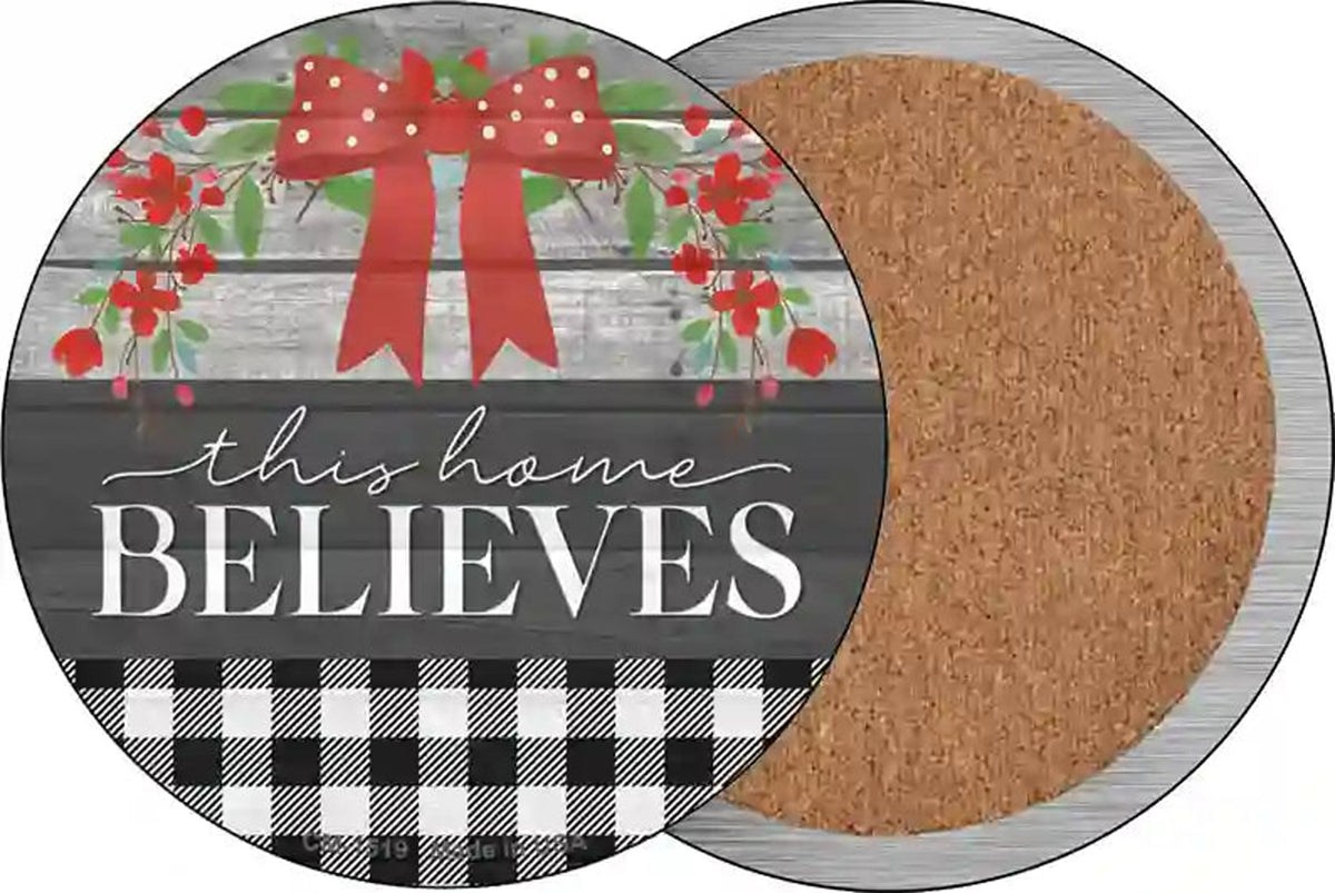 This Home Believes Plaid Novelty Circle Coaster Set of 4