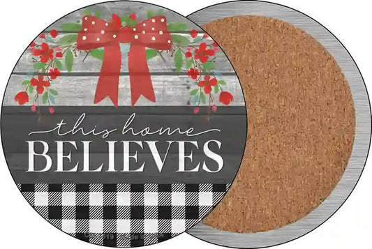This Home Believes Plaid Novelty Circle Coaster Set of 4
