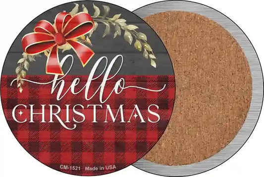 Hello Christmas Plaid Novelty Circle Coaster Set of 4